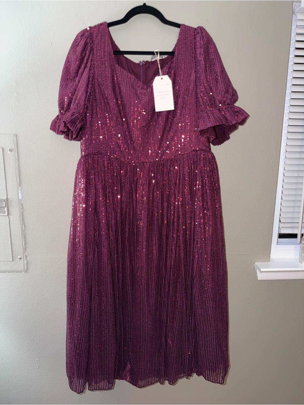 Ivy City Co Plum Sequin Midi Dress with Puff Sleeves